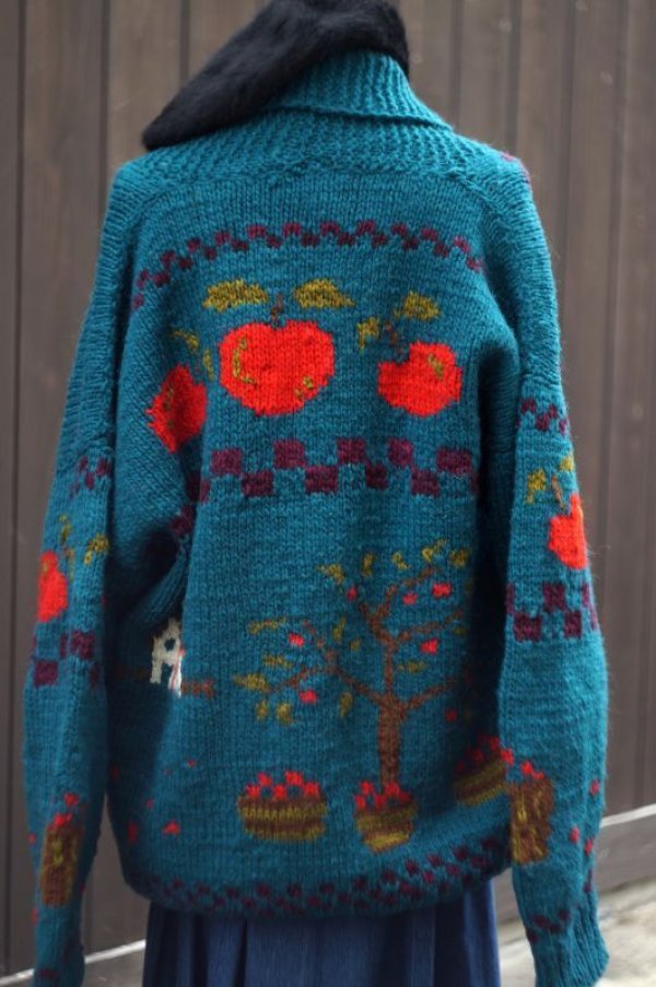 画像4: リンゴ柄 緑 ニット ウール カーディガン クルーネック 前開き [18076]