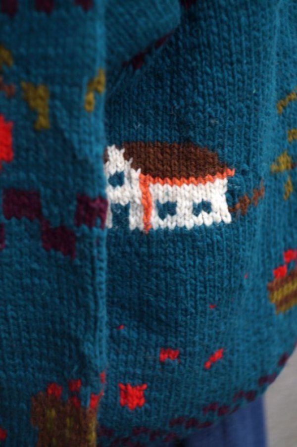 画像5: リンゴ柄 緑 ニット ウール カーディガン クルーネック 前開き [18076]