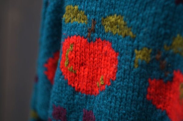 画像6: リンゴ柄 緑 ニット ウール カーディガン クルーネック 前開き [18076]