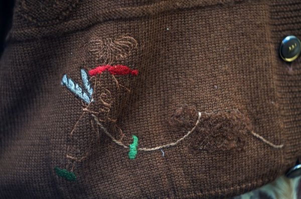 画像7: パン柄 ブラウン ニット ウール カーディガン クルーネック 前開き [18091]