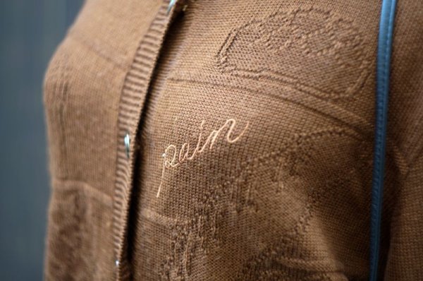 画像8: パン柄 ブラウン ニット ウール カーディガン クルーネック 前開き [18091]