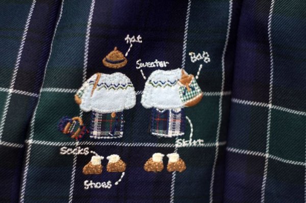 画像9: チェック柄 モスグリーン×ネイビー デザイン刺繍 プリーツスカート Aライン w63cm [18092]