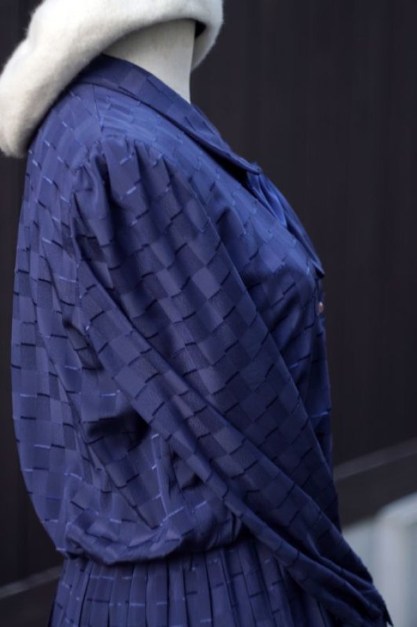 画像3: 無地 ネイビー 長袖 レトロワンピース プリーツスカート レギュラーカラー リボン[18008]