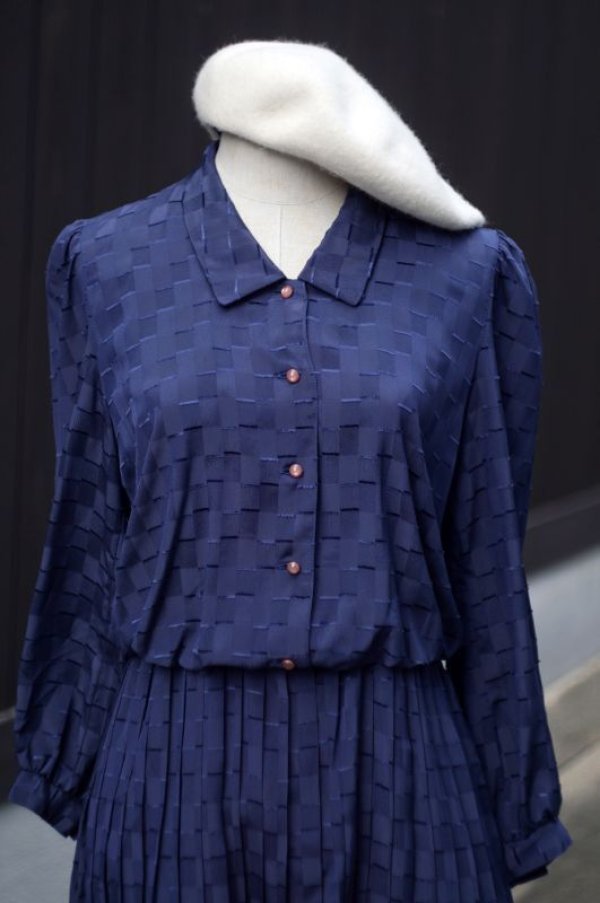 画像9: 無地 ネイビー 長袖 レトロワンピース プリーツスカート レギュラーカラー リボン[18008]