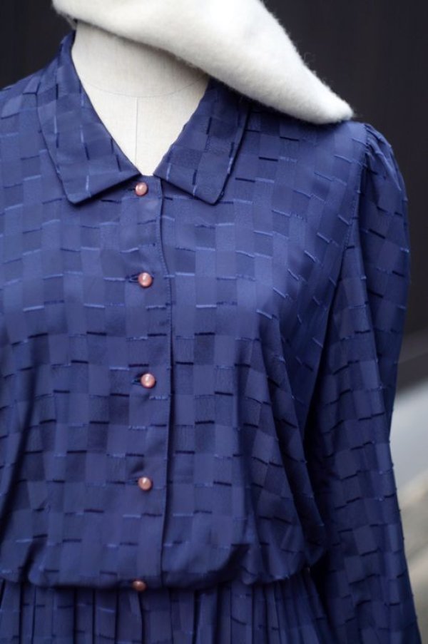 画像10: 無地 ネイビー 長袖 レトロワンピース プリーツスカート レギュラーカラー リボン[18008]