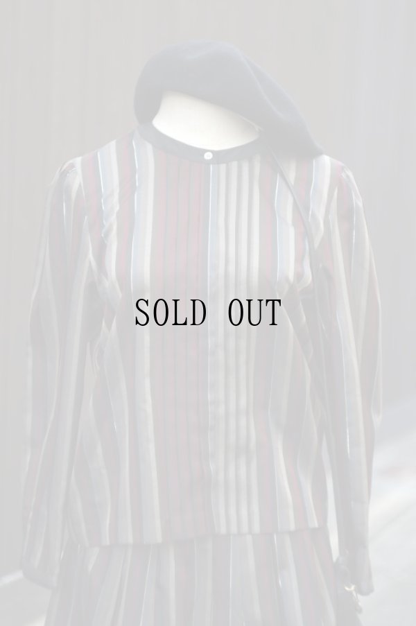 画像8: ストライプ柄 黒系×グレー×赤 セットアップ 長袖 ノーカラー 比翼 [18166]