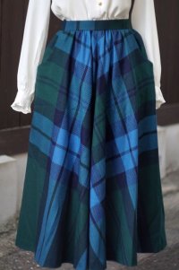 チェック柄 青×緑 ウール フレア スカート w62cm[18192]