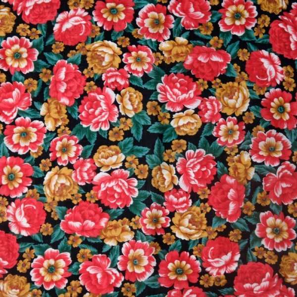 画像2: 花柄 黒×赤系 ウール100% スカーフ 104cm四方 [18224]