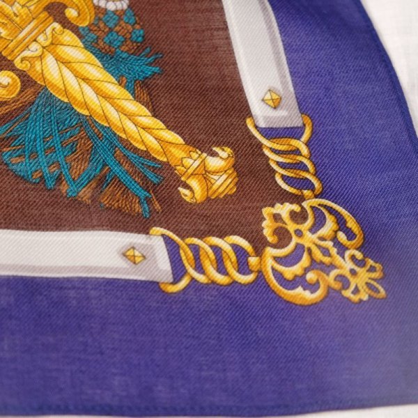 画像3: 装飾模様 青×ブラウン系 ウール100% スカーフ 74cm四方 [18223]