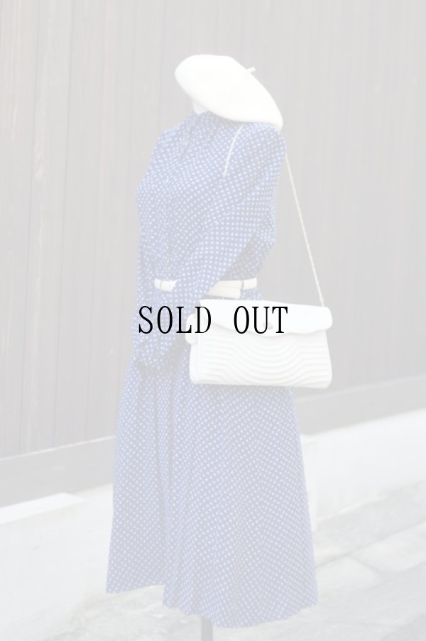 画像1: 花柄 ネイビー 長袖 レトロワンピース バンドカラー[18288]