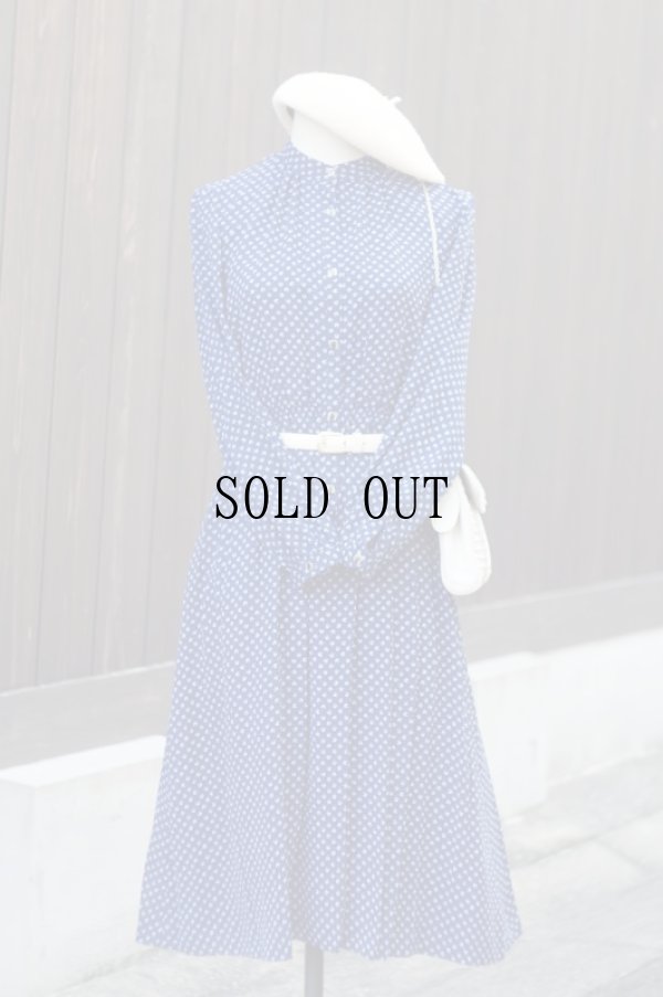 画像2: 花柄 ネイビー 長袖 レトロワンピース バンドカラー[18288]