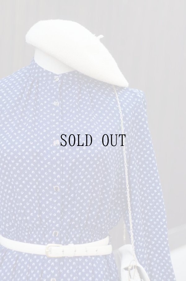 画像3: 花柄 ネイビー 長袖 レトロワンピース バンドカラー[18288]