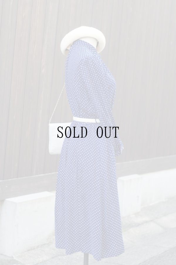 画像4: 花柄 ネイビー 長袖 レトロワンピース バンドカラー[18288]