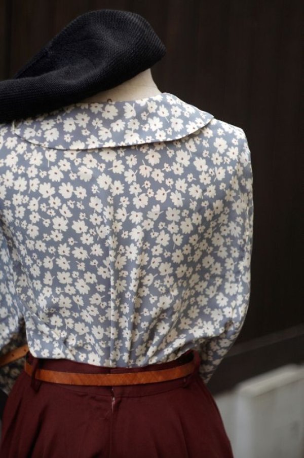 画像3: 花柄 白×青 ブラウス 長袖 イートンカラー リボン[18296]