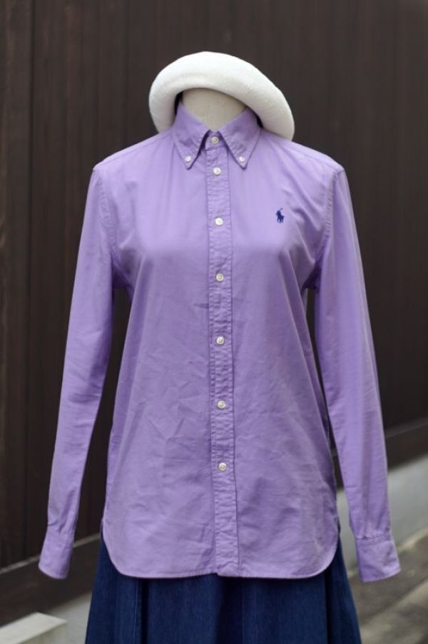 画像4: ”RALPH LAUREN” 無地 紫 コットン ブラウス 長袖  ワンポイント刺繍 ボタンダウンカラー[18437]
