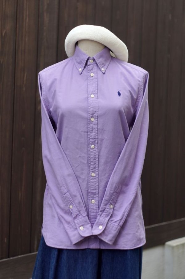 画像12: ”RALPH LAUREN” 無地 紫 コットン ブラウス 長袖  ワンポイント刺繍 ボタンダウンカラー[18437]