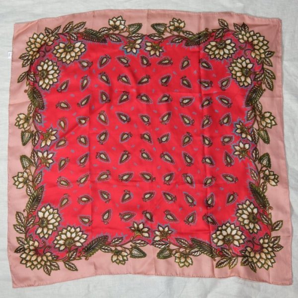 画像2: 花柄 赤×ピンク シルク スカーフ 82cm四方 [18429]