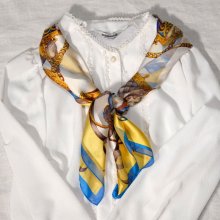 他の写真1: 服飾小物柄 青×黄 シルク スカーフ 88cm四方 [18426]