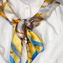 他の写真2: 服飾小物柄 青×黄 シルク スカーフ 88cm四方 [18426]