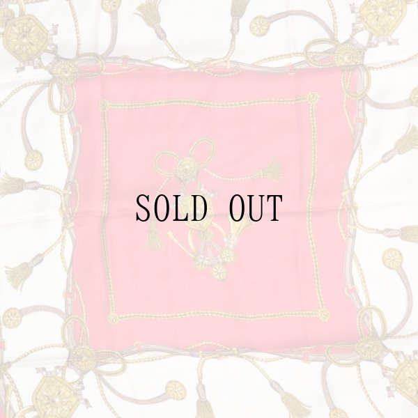 画像2: 馬具模様 赤×白 シルク スカーフ 79cm四方 [18427]