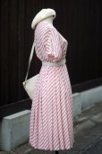 画像2: ストライプ柄 ピンク×ホワイト 半袖 ノーカラー ドルマンスリーブ レトロワンピース ウエストゴム プリーツスカート[15392] (2)