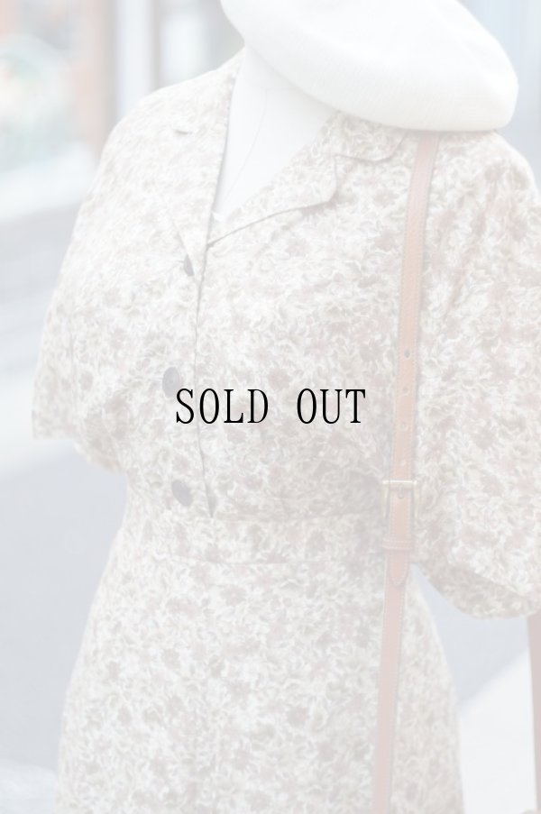 画像6: 花柄 ベージュ 半袖 セットアップ オープンカラー タック[18672]