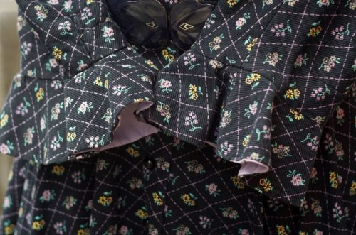 他の写真2: US製 花柄 黒 長袖 レトロワンピース コーデュロイ ノーカラー[19042]