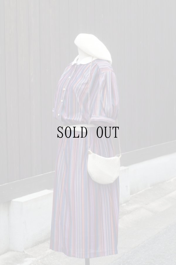 画像1: ストライブ柄 マルチカラー 半袖 レトロワンピース ラウンドカラー[18857]