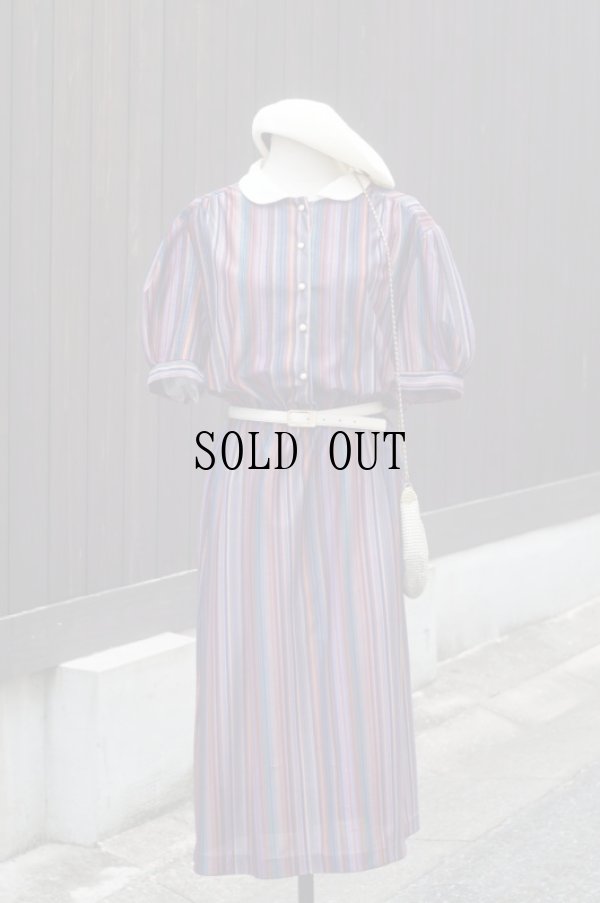 画像2: ストライブ柄 マルチカラー 半袖 レトロワンピース ラウンドカラー[18857]