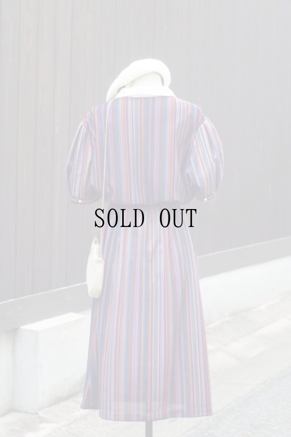 画像4: ストライブ柄 マルチカラー 半袖 レトロワンピース ラウンドカラー[18857]