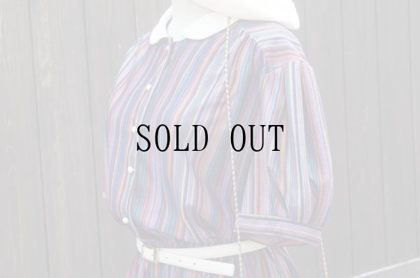 画像8: ストライブ柄 マルチカラー 半袖 レトロワンピース ラウンドカラー[18857]