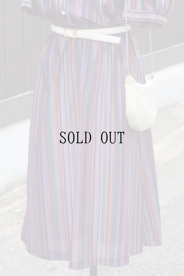 画像7: ストライブ柄 マルチカラー 半袖 レトロワンピース ラウンドカラー[18857]