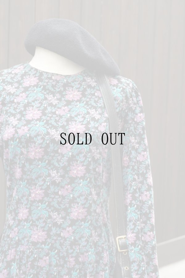 画像9: US製 花柄 黒 長袖 レトロワンピース コーデュロイ ノーカラー[19042]