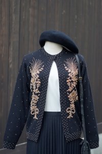 花柄 黒 ニット カーディガン クルーネック ビーズ 刺繍 前開き[19132]