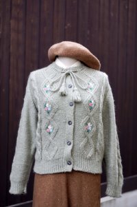 花柄 グリーン系 ニット カーディガン クルーネック 刺繍 前開き[19142]