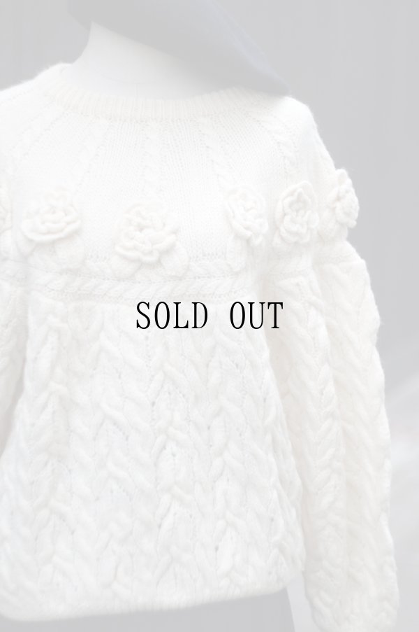 画像8: ”HUMORESQUE” 白 ケーブル編み ハンドニット セーター クルーネック お花モチーフ[19347]