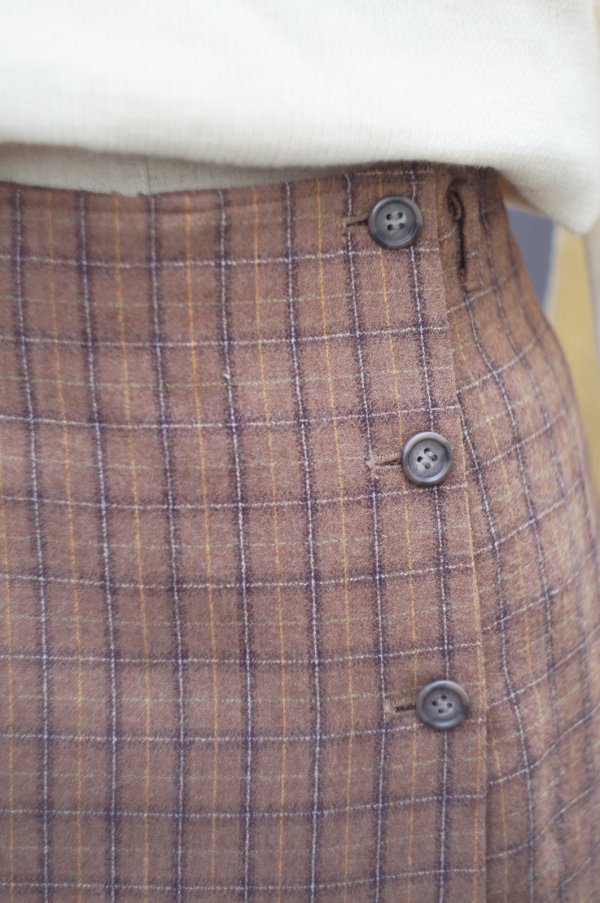 画像4: タータンチェック柄 ブラウン系 ウール スカート セミタイト w68cm[19377]