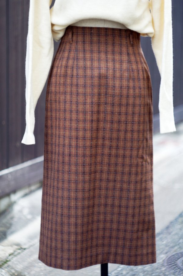 画像3: タータンチェック柄 ブラウン系 ウール スカート セミタイト w68cm[19377]