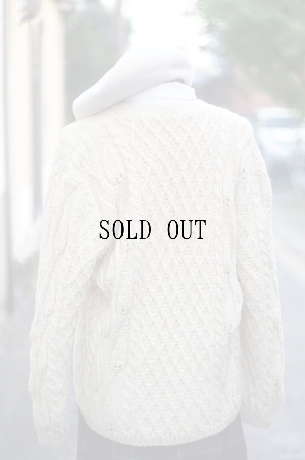 画像3: リーフ模様 ナチュラル 白 アランニット カーディガン Vネック[19324]