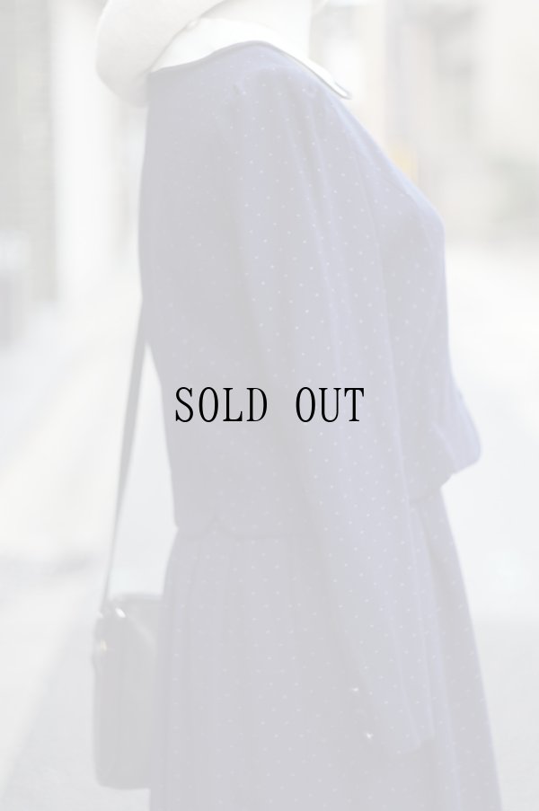 画像9: "Love rich"ドット柄 ネイビー×白 ウール 長袖 レトロワンピース ピーターパンカラー 白襟 ツーピース風 パフスリーブ[19356]