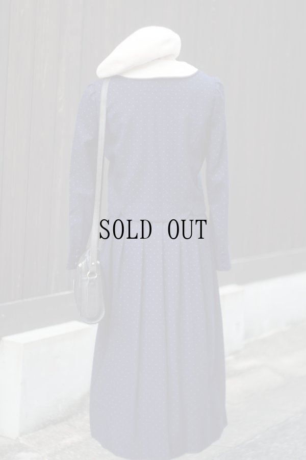 画像3: "Love rich"ドット柄 ネイビー×白 ウール 長袖 レトロワンピース ピーターパンカラー 白襟 ツーピース風 パフスリーブ[19356]