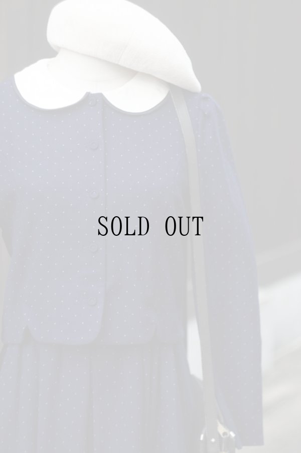 画像4: "Love rich"ドット柄 ネイビー×白 ウール 長袖 レトロワンピース ピーターパンカラー 白襟 ツーピース風 パフスリーブ[19356]