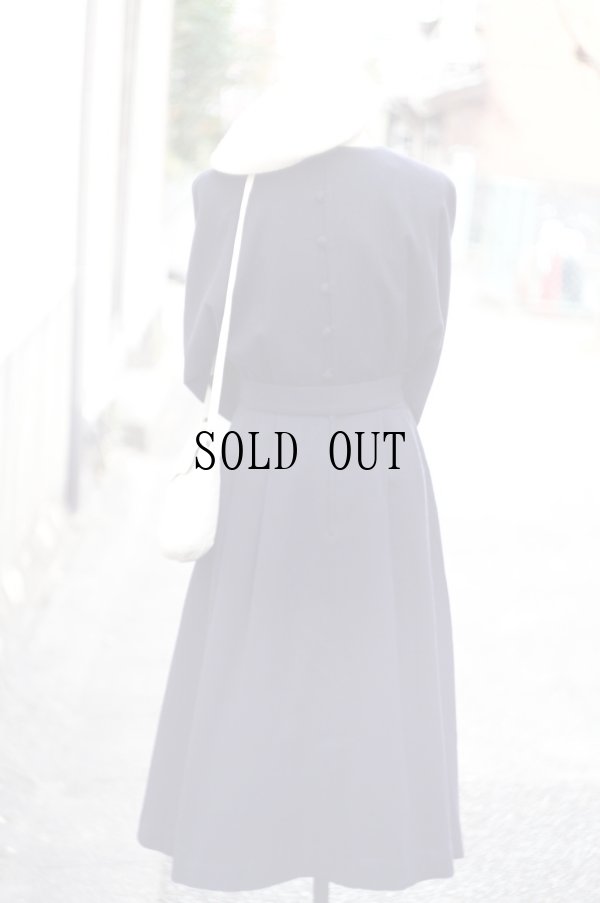 画像3: ”Mcfarland”ネイビー ウール 長袖 レトロワンピース ノーカラー プリーツ ベルト付き[19355]