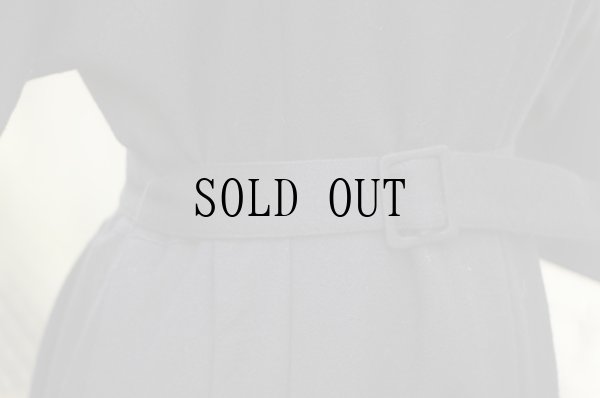 画像7: ”Mcfarland”ネイビー ウール 長袖 レトロワンピース ノーカラー プリーツ ベルト付き[19355]