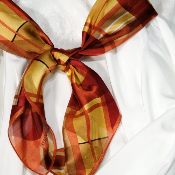 画像6: ”Fabien Rozan” オレンジ チェック柄 シルク スカーフ 87cm×87cm[19520]