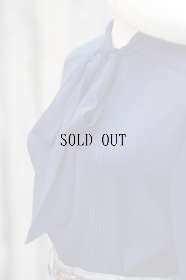 画像6: ネイビー 長袖 ブラウス ボウタイカラー ピンタック[19567]