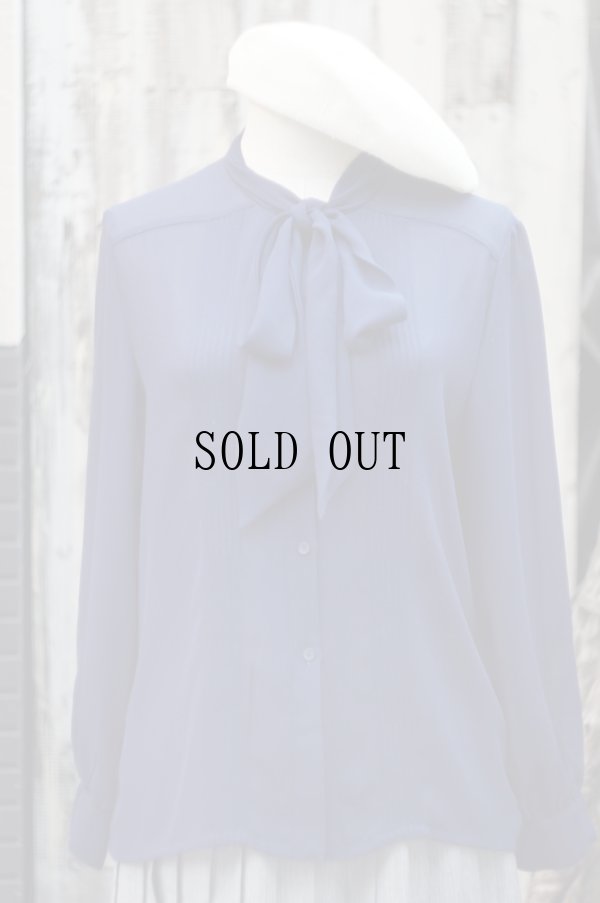 画像7: ネイビー 長袖 ブラウス ボウタイカラー ピンタック[19567]