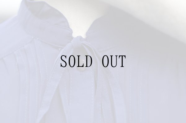 画像4: ネイビー リーフ柄 長袖 ブラウス ボウタイ フリルスタンドカラー ピンタック[19572]