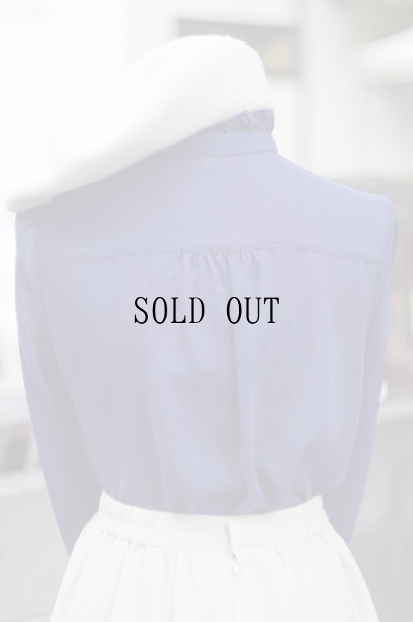 画像3: ネイビー リーフ柄 長袖 ブラウス ボウタイ フリルスタンドカラー ピンタック[19572]