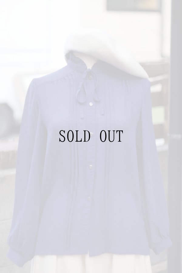 画像12: ネイビー リーフ柄 長袖 ブラウス ボウタイ フリルスタンドカラー ピンタック[19572]